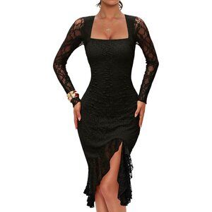 Women's Lace Bodycon Dress Long Sleeve Square Neck Ruffle Hem for Wedding and Pa